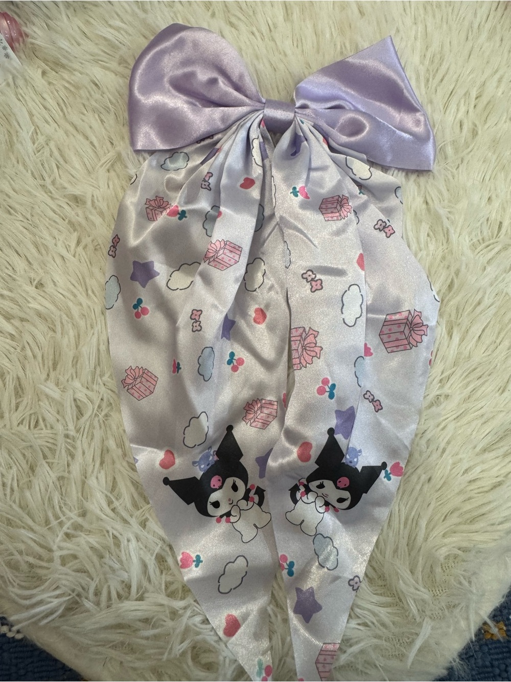 Kuromi Lavender Satin Bow Scarf hair pin with Cute Print